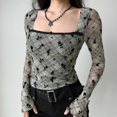 Vintage flocked plaid square neck long sleeve t-shirt