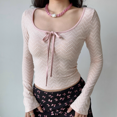 Ballet Style Bow U-Neck Long Sleeve Tie T-Shirt