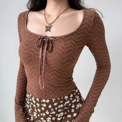 Ballet style bow u-neck long sleeve tie t-shirt