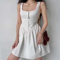 Retro palace style white bud pocket buttoned square collar sleeveless A-line dress - Thumbnail 1