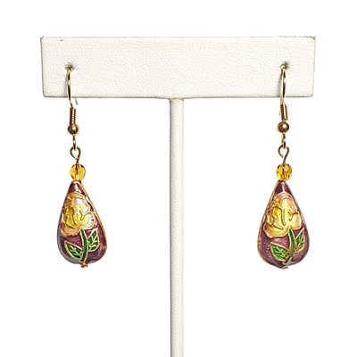 Purple and gold flower cloisonne teardrop earrings