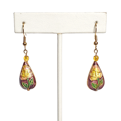 Purple and Gold Flower Cloisonne Teardrop Earrings