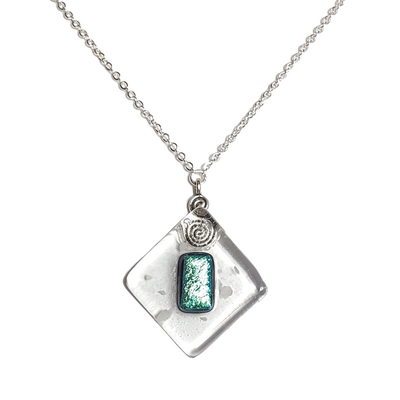 Dichroic green on clear fused glass pendant necklace