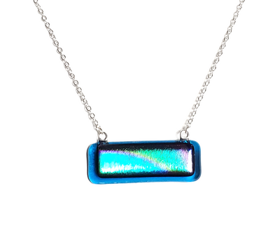 Dichroic Rainbow on Transparent Blue Fused Glass Bar Necklace