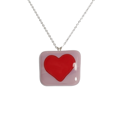 Red heart on purple fused glass pendant necklace