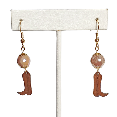 Western boots and iridescent faceted taupe glass bead earrings