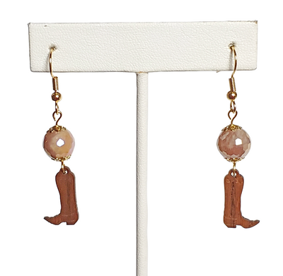 Western Boots and Iridescent Faceted Taupe Glass Bead Earrings