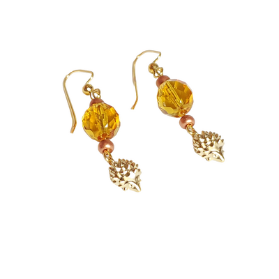 Hedgehog and amber glass bead earrings