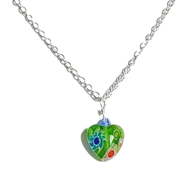 Green Flower Glass Heart Pendant Necklace