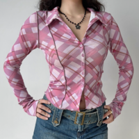 Plaid long sleeve shirt women's short top - Thumbnail 1