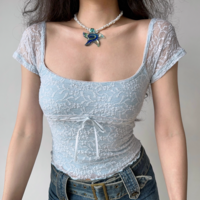 Hollow lace square neck short-sleeved T-shirt - Thumbnail 1