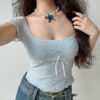 Hollow lace square neck short-sleeved T-shirt - Thumbnail 2