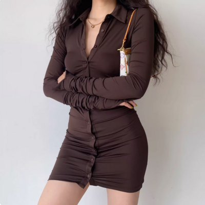 Mocha brown lapel long sleeve pleated dress - Thumbnail 1