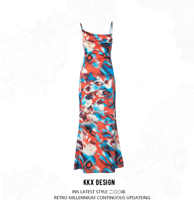 Colorful printed suspender buttoned hollow backless pleated long skirt