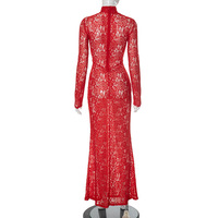 Lace stitching half high collar slim see-through sexy dress - Thumbnail 2
