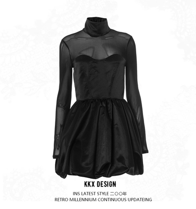 Half-high collar mesh splicing revealing long sleeve waist bud skirt