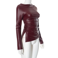 Leather paneled gathered slim fit sexy top - Thumbnail 4