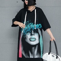 Fashionable women's printed hooded dress short-sleeved T-shirt - Thumbnail 1