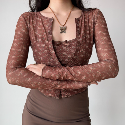 Retro floral camisole two-piece cardigan top