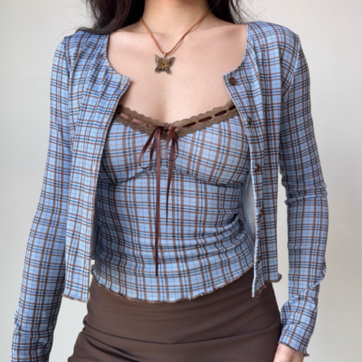 Retro plaid suspender cardigan two-piece women's short top - Thumbnail 4