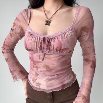 Retro printed mesh u-neck long sleeve t-shirt - Thumbnail 2
