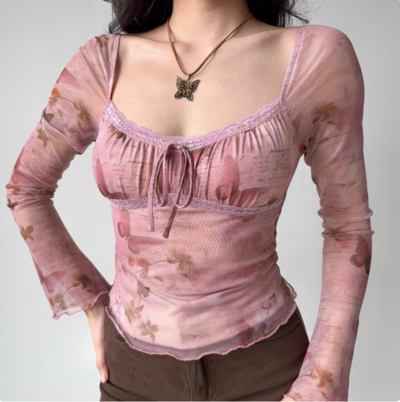 Retro Printed Mesh U-Neck Long Sleeve T-Shirt