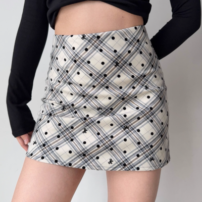Retro plaid polka dot a-line skirt for women high waist hip short skirt - Thumbnail 4