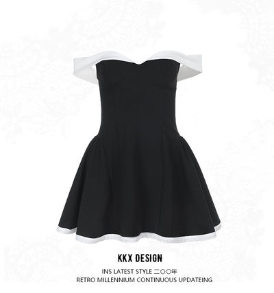 One-shoulder contrast color design low-cut waist short skirt dress