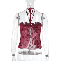 Retro Print Sexy Top Flocked Hot Girl Halter Vest - Thumbnail 3