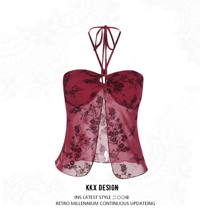 Retro Print Sexy Top Flocked Hot Girl Halter Vest