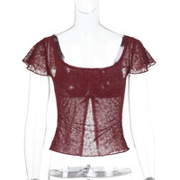 Square collar small flying sleeve top women's summer sexy slit slim short sleeve T-shirt - Thumbnail 3