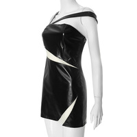 Leather and mesh oblique shoulder strap sexy slim hip dress - Thumbnail 2