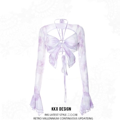 Spliced ​​lotus leaf sleeves printed butterfly irregular dreamy color top