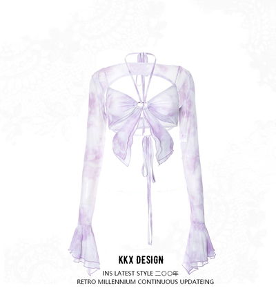 Spliced ​​lotus leaf sleeves printed butterfly irregular dreamy color top