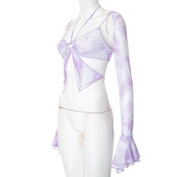 Spliced ​​lotus leaf sleeves printed butterfly irregular dreamy color top - Thumbnail 3
