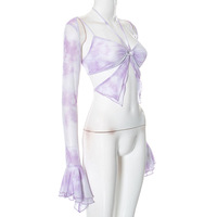 Spliced ​​lotus leaf sleeves printed butterfly irregular dreamy color top - Thumbnail 4