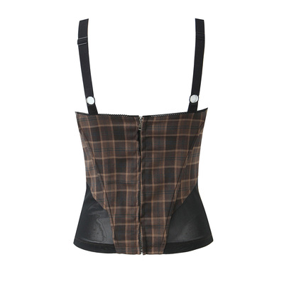 Sexy splicing mesh lace casual plaid top