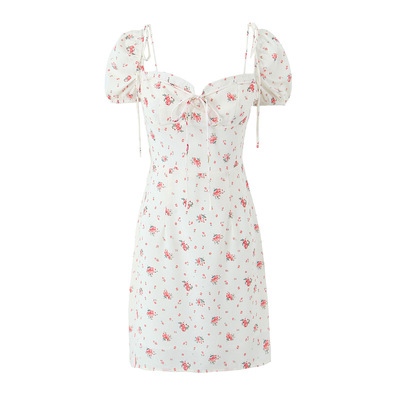 Retro style sexy sweet print lace waist short dress
