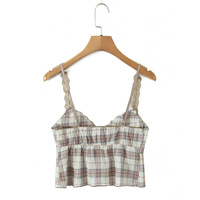 Contrast color lace bow decorated lace plaid small camisole - Thumbnail 1