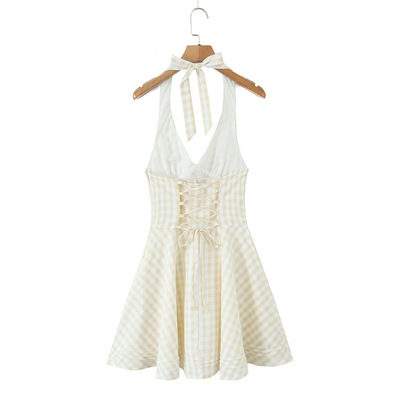 Retro sexy deep v strap halter neck dress