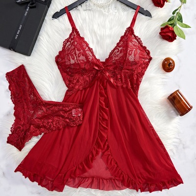 Transparent  Sexy Lingerie Women's Underwear Lace Nightdress And Panty Pijamas Sets