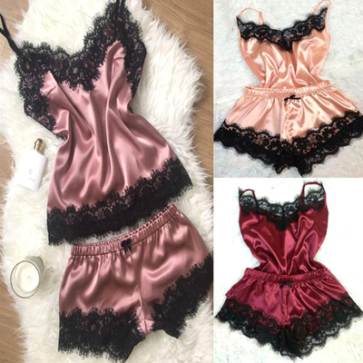  women sexy lace trim satin cami top pajama sets 