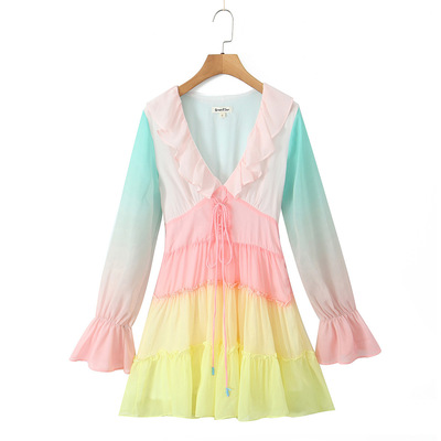 Rainbow holiday casual sexy v-neck tie-tie trumpet sleeve dress