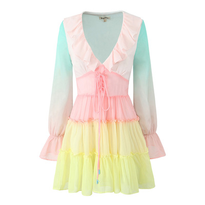 Rainbow Holiday Casual Sexy V-Neck Tie-Tie Trumpet Sleeve Dress