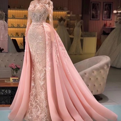Women girls  prom dresses long sleeves high neckline evening gowns with detachable train 