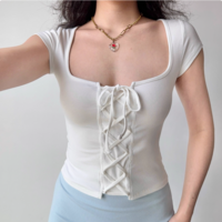 Lace-up design square neck short-sleeved T-shirt women's top - Thumbnail 1