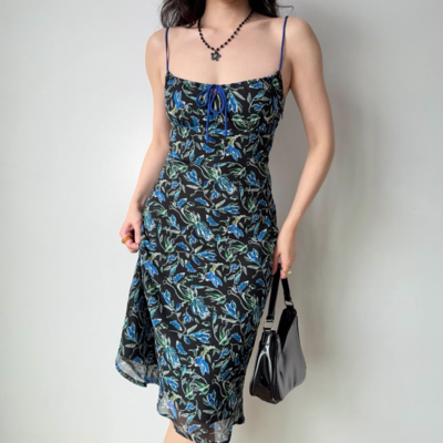 Retro printed suspender midi holiday dress - Thumbnail 2
