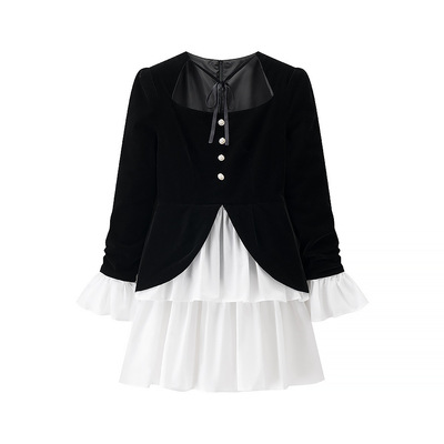 Lace-up fake two-piece irregular long-sleeved dress - Thumbnail 2