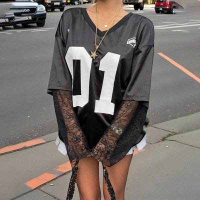 New fashion street style lace stitching print sports jersey loose t-shirt