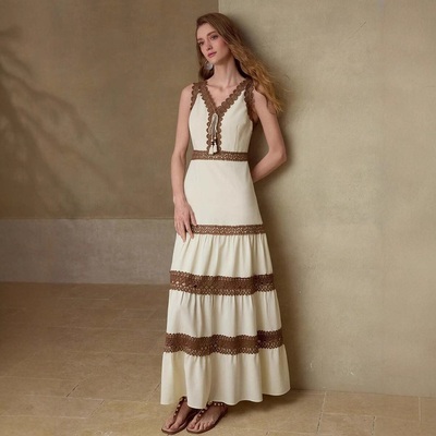 Lace-embellished v-neck sleeveless maxi dress